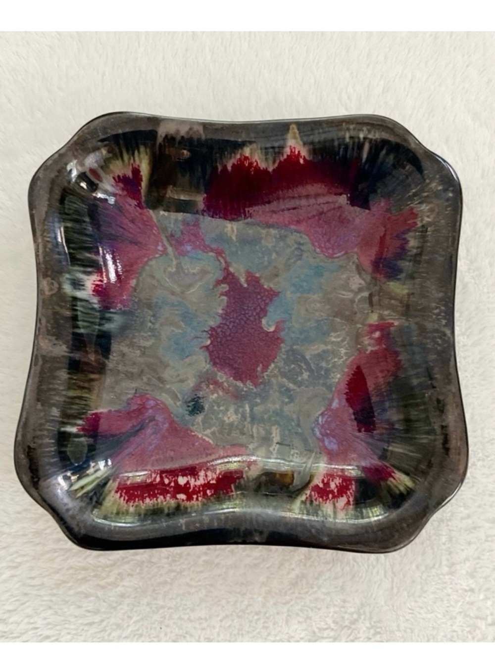 Edgecomb Potters Maine Studio Pottery Drip Glaze Square Dish 7.5”